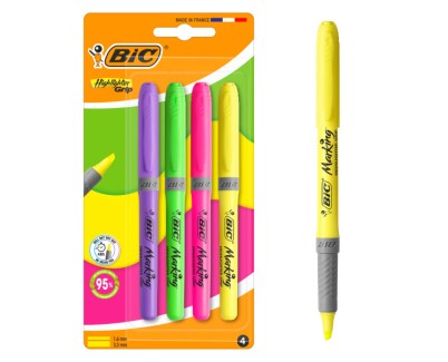 Bic Highlighter Grip Pack con 4 Marcadores Fluorescentes - Punta Biselada - Trazo entre 1.60 y 3.30 mm - Grip Texturizado - Colores Surtidos