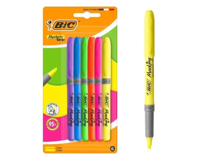 Bic Highlighter Grip Pack con 6 Marcadores Fluorescentes - Punta Biselada - Trazo entre 1.60 y 3.30 mm - Grip Texturizado - Colores Surtidos