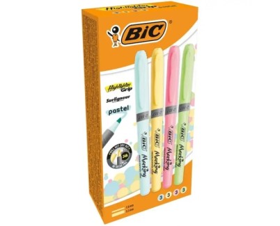 Bic Highlighter Grip Pack de 12 Marcadores Fluorescentes Pastel - Punta Biselada - Trazo entre 1.60 y 3.30mm - Grip Texturizado - Colores Pastel Surtidos