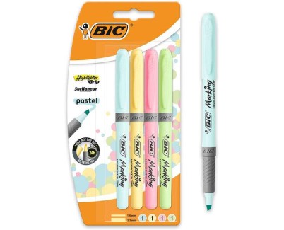 Bic Highlighter Grip Pack de 4 Marcadores Fluorescentes Pastel - Tinta con Base de Agua - Punta Biselada - Trazo entre 1.60 y 3.30mm - Colores Surtidos