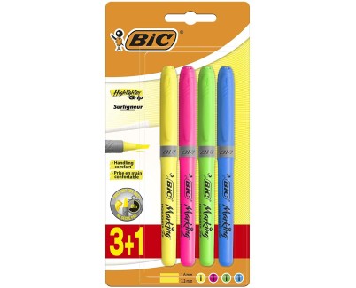 Bic Highlighter Grip Pack de 4 Marcadores Fluorescentes - Tinta con Base de Agua - Punta Biselada - Trazo entre 1.60 y 3.30mm - Colores Surtidos