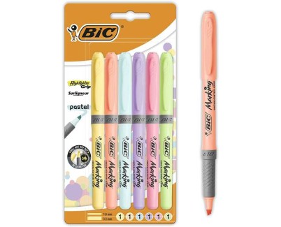 Bic Highlighter Grip Pack de 6 Marcadores Fluorescentes Pastel - Tinta con Base de Agua - Punta Biselada - Trazo entre 1.60 y 3.30mm - Colores Surtidos