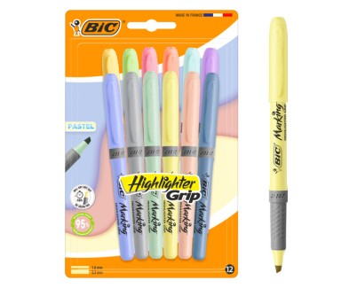 Bic Highlighter Grip Pastel Pack con 12 Marcadores Fluorescentes Pastel - Punta Biselada - Trazo entre 1.60 y 3.30 mm - Grip Texturizado - Colores Surtidos
