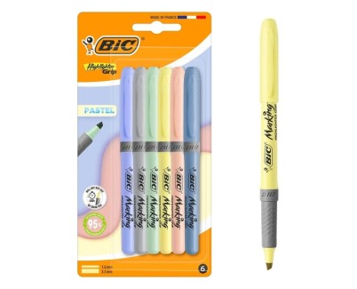 Bic Highlighter Grip Pastel Pack con 6 Marcadores Fluorescentes Pastel - Punta Biselada - Trazo entre 1.60 y 3.30 mm - Grip Texturizado - Colores Surtidos