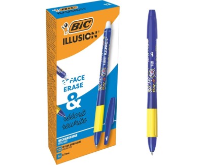 Bic Illusions Boligrafo Borrable - Punta Media de 0.7mm - Grip de Goma - Recargable - Color Azul