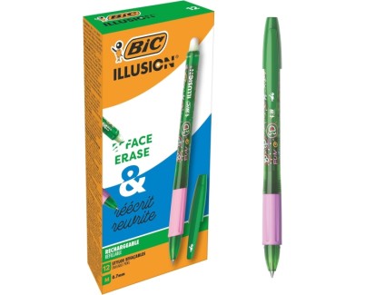 Bic Illusions Boligrafo Borrable - Punta Media de 0.7mm - Grip de Goma - Recargable - Color Verde
