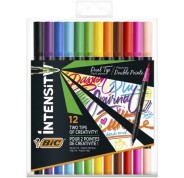 Bic Intensity Dual Tip Pack de 12 Rotuladores Doble Punta - Punta de Pincel + Punta Fina - Tinta con Base de Agua - Colores Clasicos Surtidos