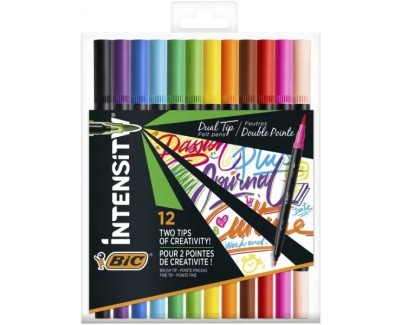 Bic Intensity Dual Tip Pack de 12 Rotuladores Doble Punta - Punta de Pincel + Punta Fina - Tinta con Base de Agua - Colores Clasicos Surtidos