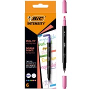 Bic Intensity Dual Tip Pack de 6 Rotuladores Doble Punta - Punta de Biselada + Punta Fina 0.04mm - Tinta con Base de Agua - Colores Surtidos