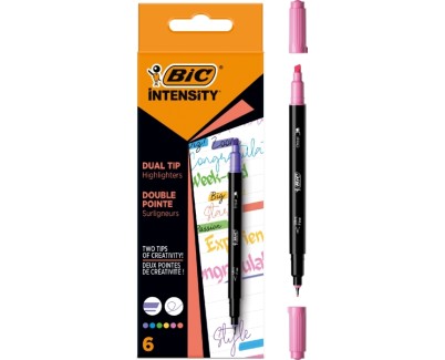 Bic Intensity Dual Tip Pack de 6 Rotuladores Doble Punta - Punta de Biselada + Punta Fina 0.04mm - Tinta con Base de Agua - Colores Surtidos