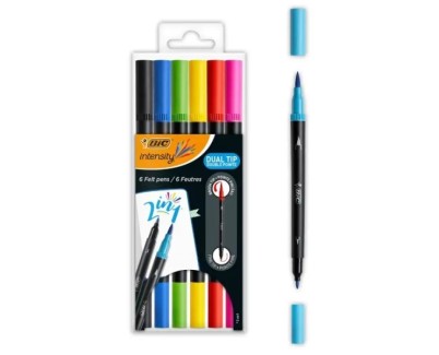 Bic Intensity Dual Tip Pack de 6 Rotuladores Doble Punta - Punta de Pincel + Punta Fina - Tinta con Base de Agua - Colores Clasicos Surtidos