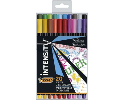 Bic Intensity Fine Pack de 20 Rotuladores - Punta Fina de 0.8mm - Trazo de 0.4mm - Tinta con Base de Agua - Colores Surtidos