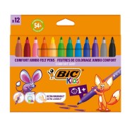 BIC Kids Comfort Jumbo Pack de 12 Rotuladores con Tinta Lavable - Facil de Limpiar - Agarre Antideslizante - Colores Surtidos