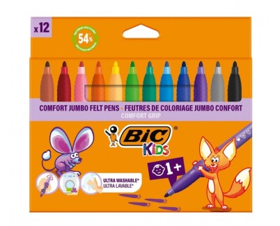 BIC Kids Comfort Jumbo Pack de 12 Rotuladores con Tinta Lavable - Facil de Limpiar - Agarre Antideslizante - Colores Surtidos