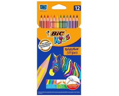 Bic Kids Evolution Stripes Caja de 12 Lapices de Colores Surtidos - Fabricados en Resina - Punta Ultraresistente - Mina Pigmentada de 3.20 mm - Nueva Formula