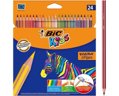 Bic Kids Evolution Stripes Caja de 24 Lapices de Colores surtidos - Fabricados en Resina - Punta Ultraresistente - Mina Pigmentada de 3.20 mm