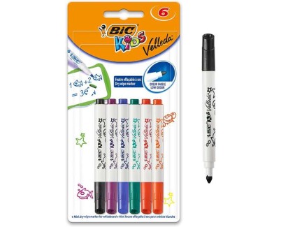 Bic Kids Mini Velleda Pack de 6 Rotuladores para Pizarra - Punta Bloqueada - Tinta con Base de Alcohol - Borrado Optimo - Colores Surtidos