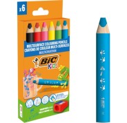 Bic Kids Multisuperficie Pack de 6 Lapices de Colores + Sacapuntas - Cuerpo Triangular - Minas Borrables en Superficies No Porosas - Colores Surtidos