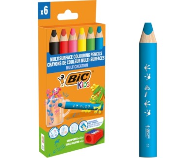 Bic Kids Multisuperficie Pack de 6 Lapices de Colores + Sacapuntas - Cuerpo Triangular - Minas Borrables en Superficies No Porosas - Colores Surtidos