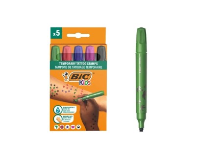 Bic Kids Pack de 5 Rotuladores de Sellos para Tatuajes Temporales - Tinta Dermatologicamente Testada y Sin Perfume - Colores Surtidos