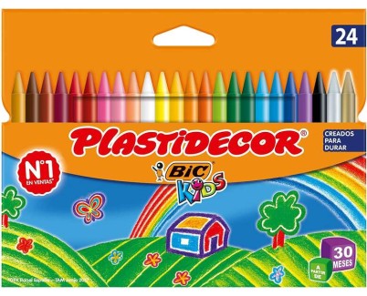 Bic Kids Plastidecor Caja de 24 Lapices de Cera - Extraresistentes - Facil de Sacar Punta - No Mancha