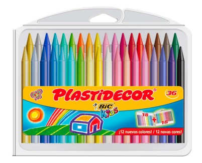 Bic Kids Plastidecor Caja de 36 Lapices de Cera - Extraresistentes - Facil de Sacar Punta - No Mancha