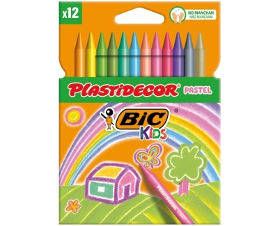 Bic Kids Plastidecor Pastel Caja de 12 Lapices de Cera - Extraresistentes - Facil de Sacar Punta - No Mancha - Colores Pastel Surtidos
