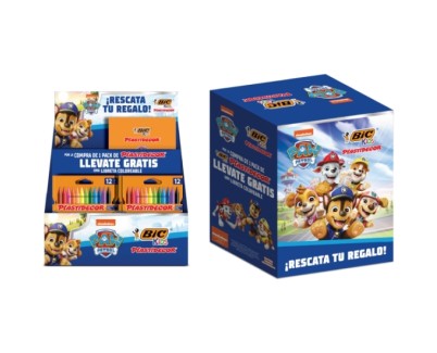 Bic Kids Plastidecor Patrulla Canina Expositor con 24 Packs de 12 Lapices de Cera + 24 Cuadernos de Colorear de la Patrulla Canina Gratis - Facil de Sacar Punta - No Mancha - Colores Surtidos