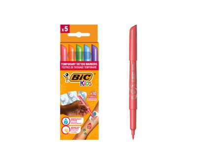 Bic Kids Tatuajes Pack de 5 Rotuladores + 10 Plantillas para Tatuajes Temporales - Tinta Dermatologicamente Testada y Sin Perfume - Colores Surtidos