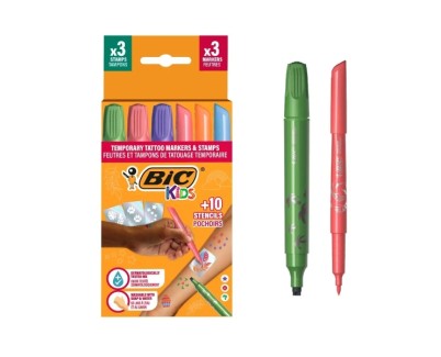 Bic Kids Tatuajes Temporales Pack de 3 Sellos + 3 Rotuladores + 10 Plantillas - Tinta Dermatologicamente Testada y Sin Perfume - Colores Surtidos