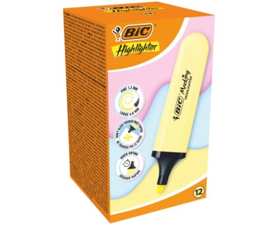 Bic Marking Highlighter Flat Marcador Fluorescente - Punta Biselada - Trazo entre 1.20 y 4.60 mm - Tinta con Base de Agua - Color Amarillo Pastel