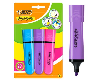 Bic Marking Highlighter Flat Pack de 3 Marcadores Fluorescentes - Punta Biselada - Trazo entre 1.20 y 4.60 mm - Tinta con Base de Agua - Colores Surtidos