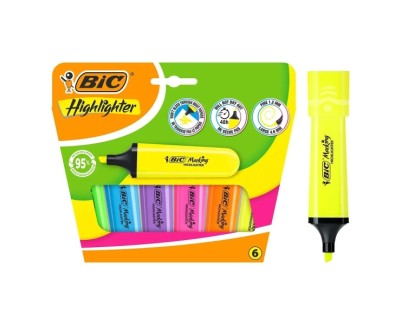 Bic Marking Highlighter Flat Pack de 6 Marcadores Fluorescentes - Punta Biselada - Trazo entre 1.20 y 4.60 mm - Tinta con Base de Agua - Colores Surtidos