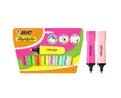 Bic Marking Highlighter Flat Pack de 8 Marcadores Fluorescentes - Punta Biselada - Trazo entre 1.20 y 4.60 mm - Tinta con Base de Agua - Color Surtidos Neon y Pastel