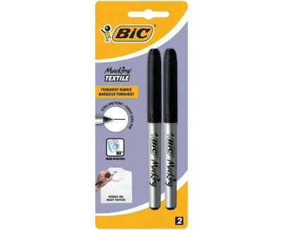 Bic Marking Textile Pack de 2 Rotuladores Permanentes para Ropa - Punta Ultrafina 0.9mm - Lavados hasta 90º - Tinta con Base de Alcohol - Color Negro