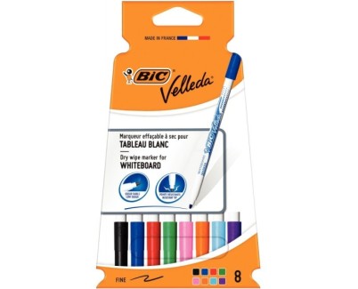Bic Velleda 1721 Pack con 8 Rotuladores para Pizarra - Punta Fina - Trazo de 1.5mm - Borrado Optimo - Colores Surtidos