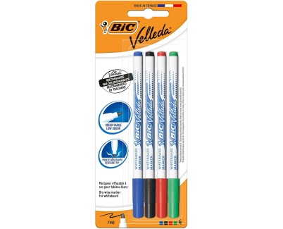 Bic Velleda 1721 Pack de 4 Rotuladores para Pizarra - Punta Fina - Trazo de 1.6mm - Borrado Optimo - Colores Surtidos