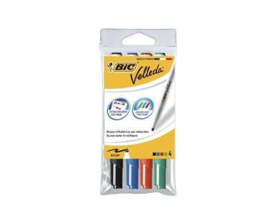 Bic Velleda 1741 Pack de 4 Rotuladores para Pizarra - Punta Media - Trazo de 1.4mm - Borrado Optimo - Colores Surtidos