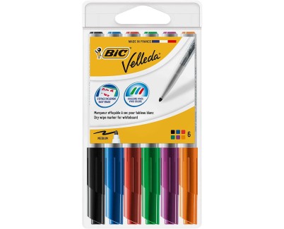 Bic Velleda 1741 Pack de 6 Rotuladores para Pizarra - Punta media - Trazo de 1.4mm - Borrado Optimo - Colores Surtidos
