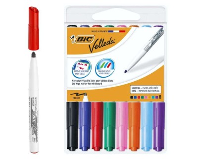 Bic Velleda 1741 Pack de 8 Rotuladores para Pizarra - Punta Media - Trazo de 1.4mm - Borrado Optimo - Colores Surtidos