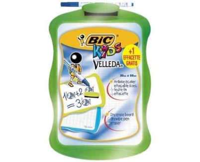 Bic Velleda Kids Pizarra Escolar Blanca y Milimetrada + 1 Marcador Velleda Azul + 1 Borrador - Dimensiones: 20x30cm - Colores Aleatorios