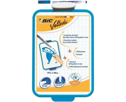 Bic Velleda Pizarra Escolar Dos Superficies Blanca y Milimetrada + 1 Marcador Velleda Azul + 1 Borrador - Dimensiones: 26x19 cm
