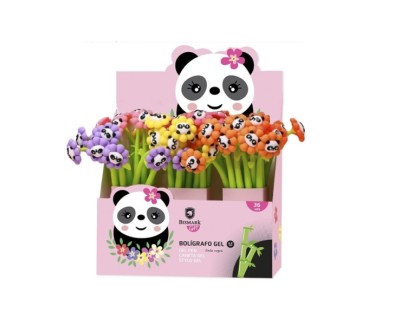Bismark Animals Panda Boligrafo Tacto Soft con Flores y Cara de Panda - Punta Fina - Tinta Gel Color Negro - 6 Dise&ntilde;os Diferentes