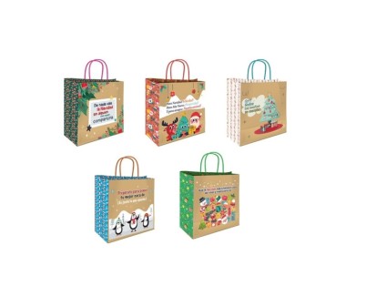 Bismark Bolsa de Papel Kraft con Mensajes Navide&ntilde;os - Medidas 26x8x24cm - 5 Dise&ntilde;os Diferentes