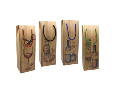 Bismark Caja/Bolsa de Carton con Asa para Botellas - Acabado Efecto Madera - Medidas 12,5x10x36cm - 4 Diseños Surtidos