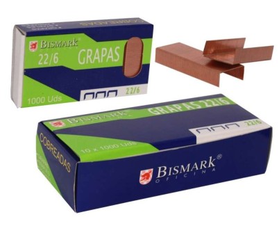 Bismark Caja de 1000 Grapas de Alambre de Alta Calidad Modelo 22/6 - Cobreadas