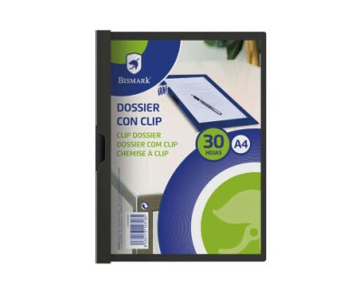Bismark Dossier para 30 Hojas A4 con Clip Metalico Lateral - Polipropileno Transparente - Color Negro