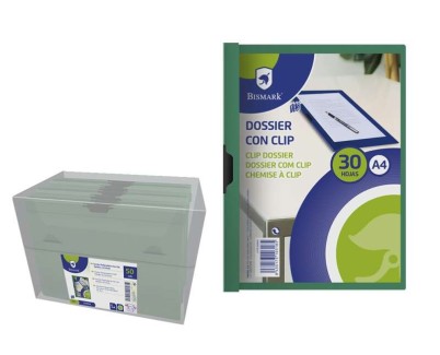 Bismark Dossier para 30 Hojas A4 con Clip Metalico Lateral - Polipropileno Transparente - Color Verde