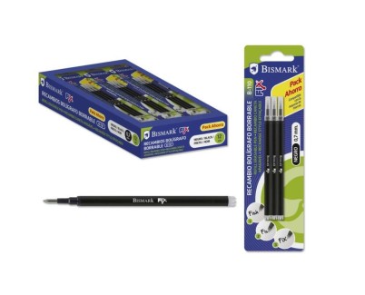 Bismark Fix Pack de 3 Recambios para Boligrafo Borrable - Punta Fina 0.7mm - Color Negro