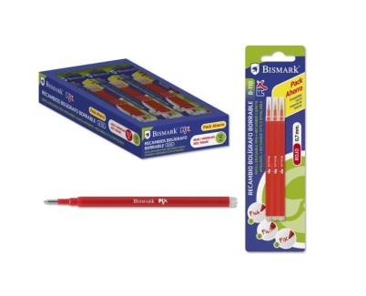 Bismark Fix Pack de 3 Recambios para Boligrafo Borrable - Punta Fina 0.7mm - Color Rojo